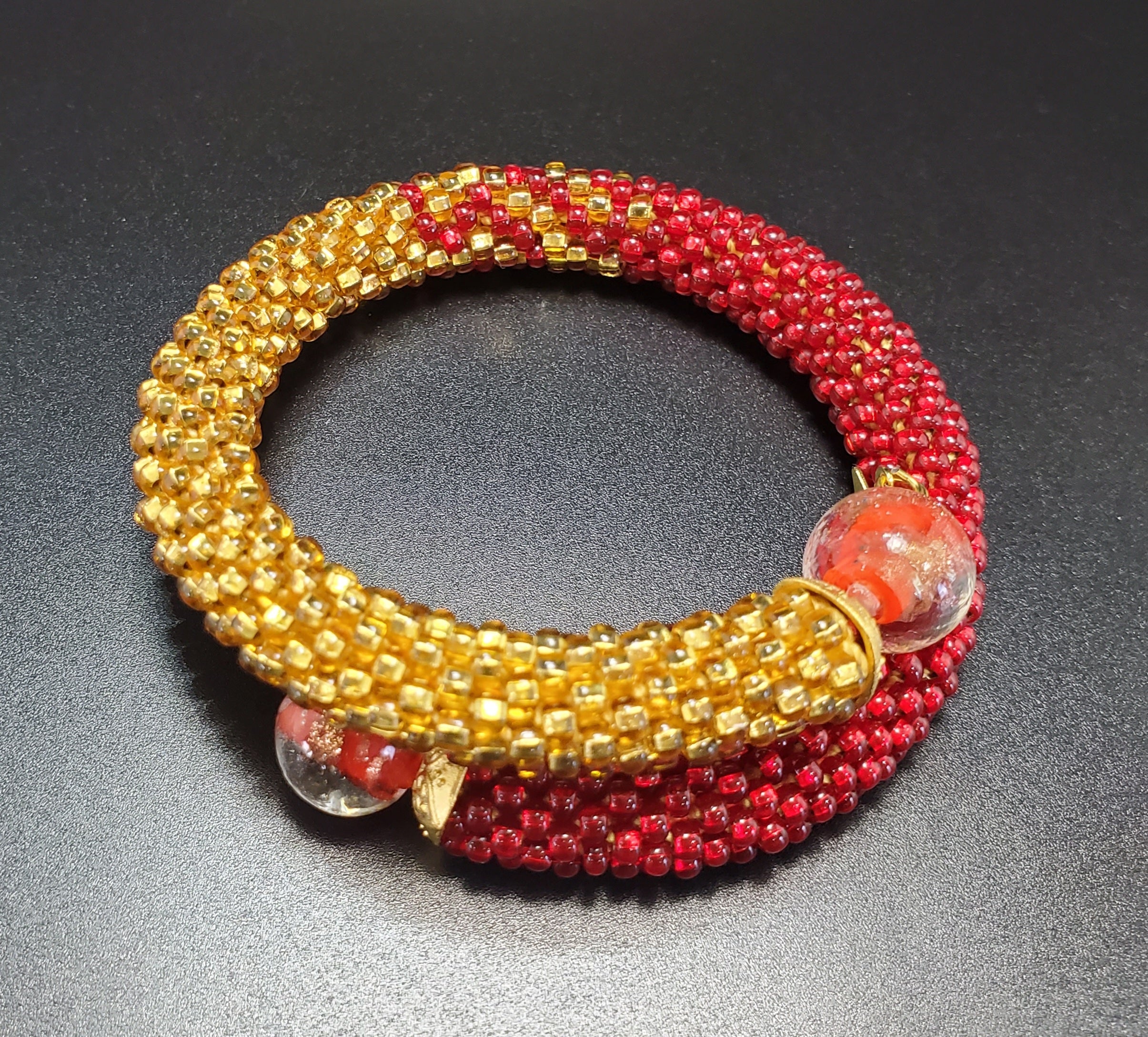 Beads Entirely - Red -Gold Beaded  Crochet Bangle