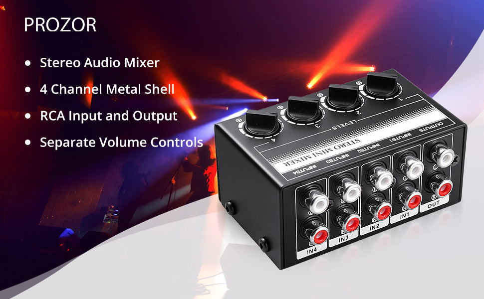 PROZOR 4 Channel Stereo Audio Mixer Metal Shell RCA Input and Output