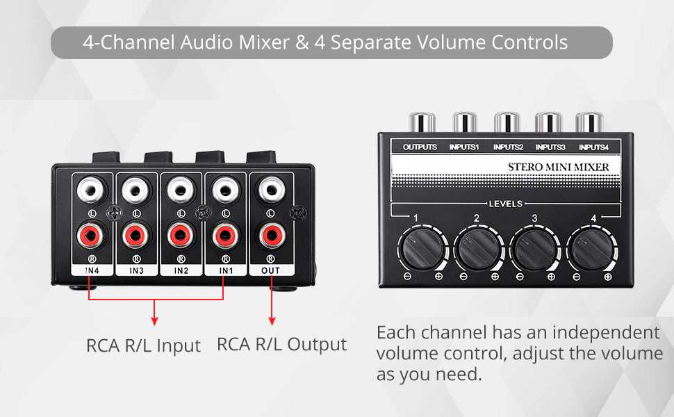 PROZOR 4 Channel Stereo Audio Mixer Metal Shell RCA Input and Output