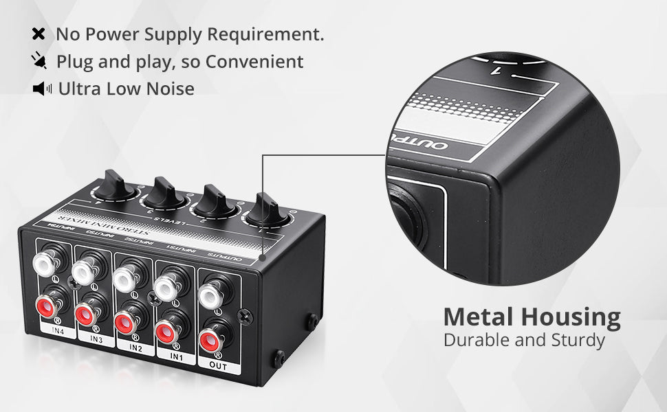 PROZOR 4 Channel Stereo Audio Mixer Metal Shell RCA Input and Output