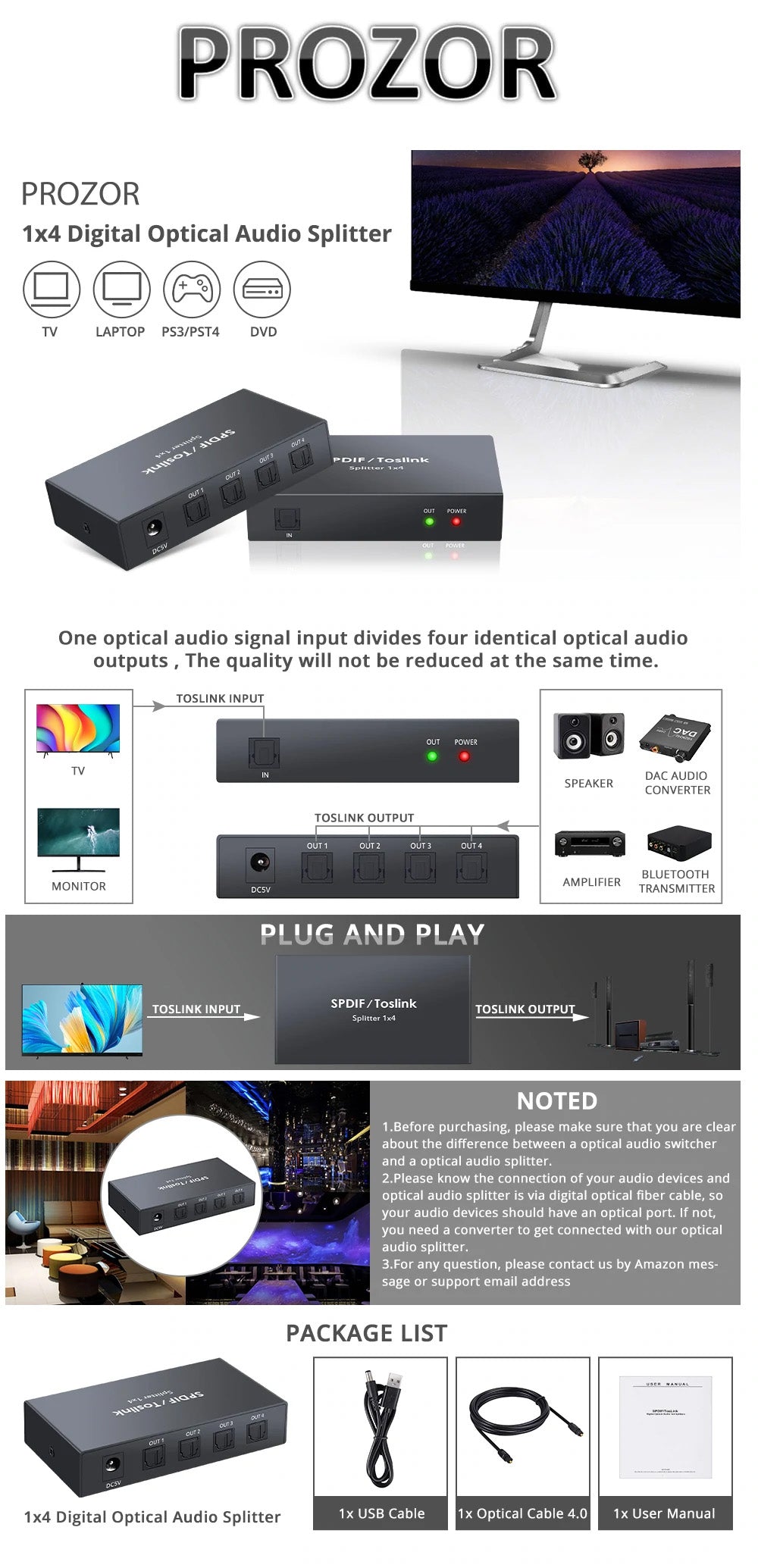 PROZOR 1x4 Digital Optical Audio Splitter