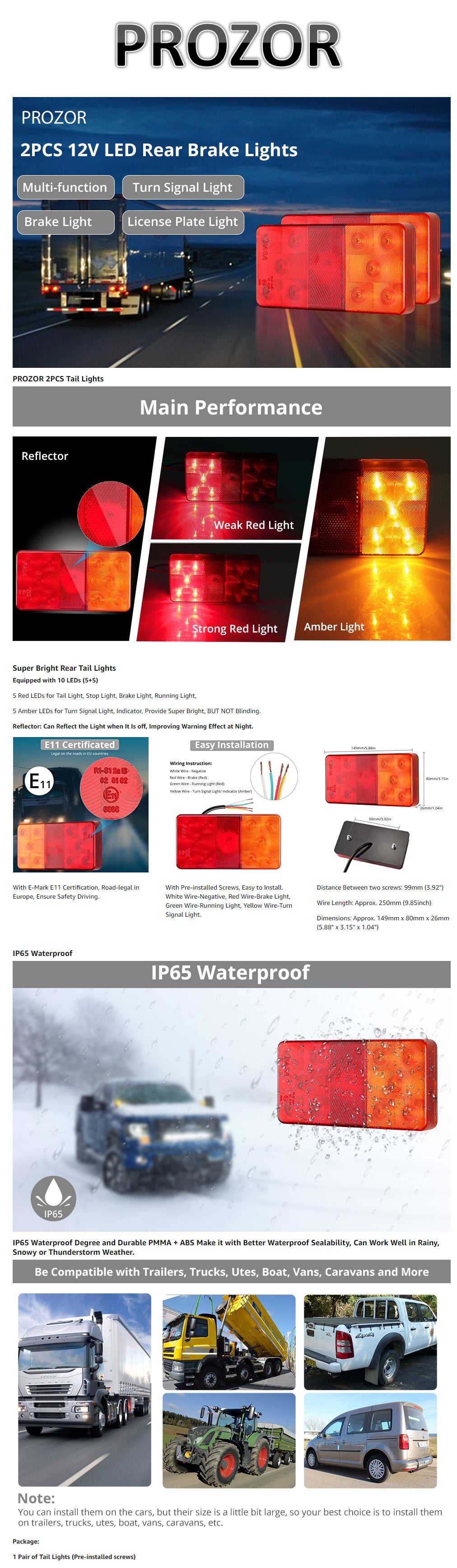 PROZOR 2PCS Tail Lights E-mark E11 Certification Rear Stop Lights 12V 10LEDs