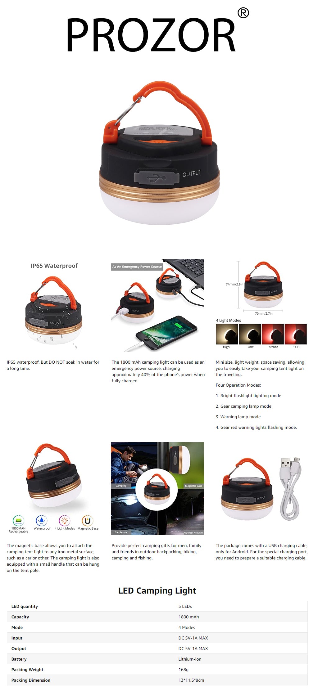 PROZOR LED Camping Light USB Rechargeable LED Tent Light