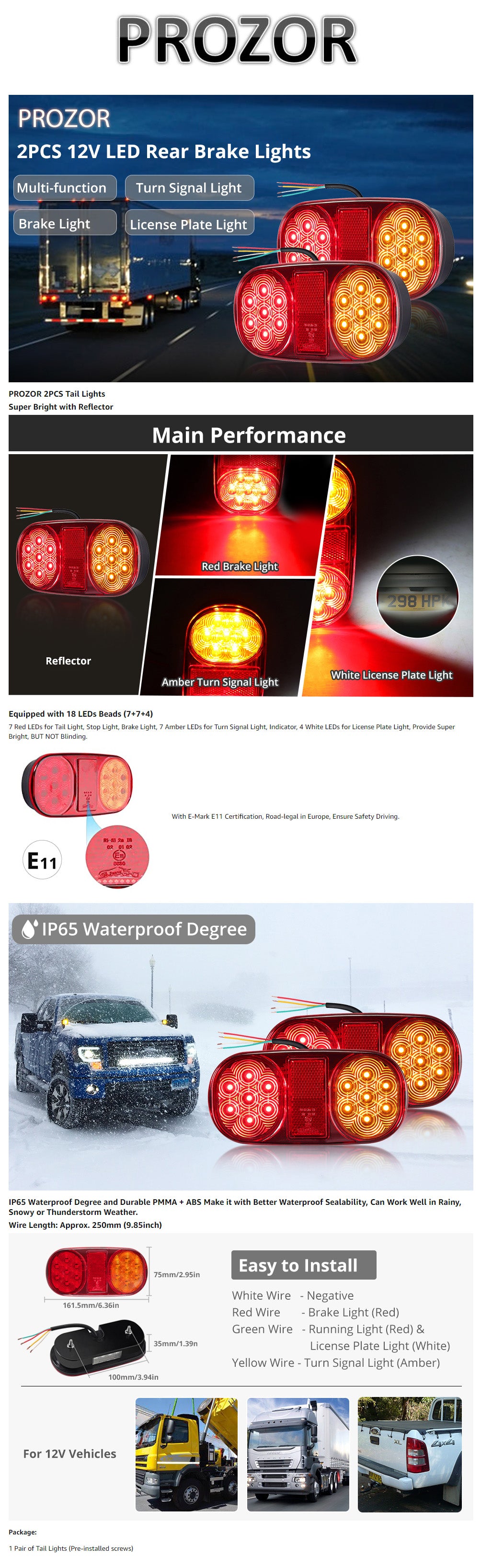 PROZOR 2PCS Tail Lights 18LEDs E-mark E11 Certification Rear Stop Lights 12V