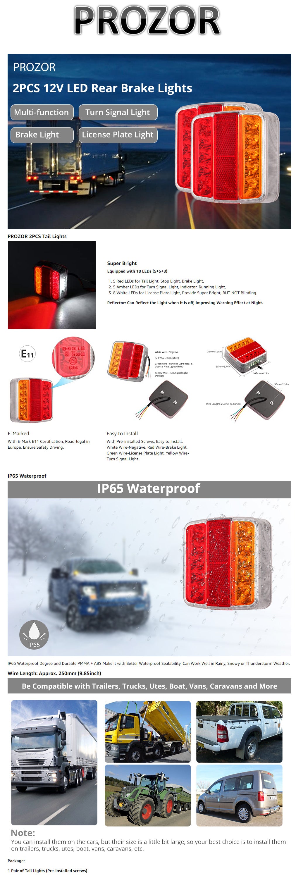PROZOR 2PCS Tail Lights E-mark E11 Certification Rear Stop Lights 12V 18LEDs