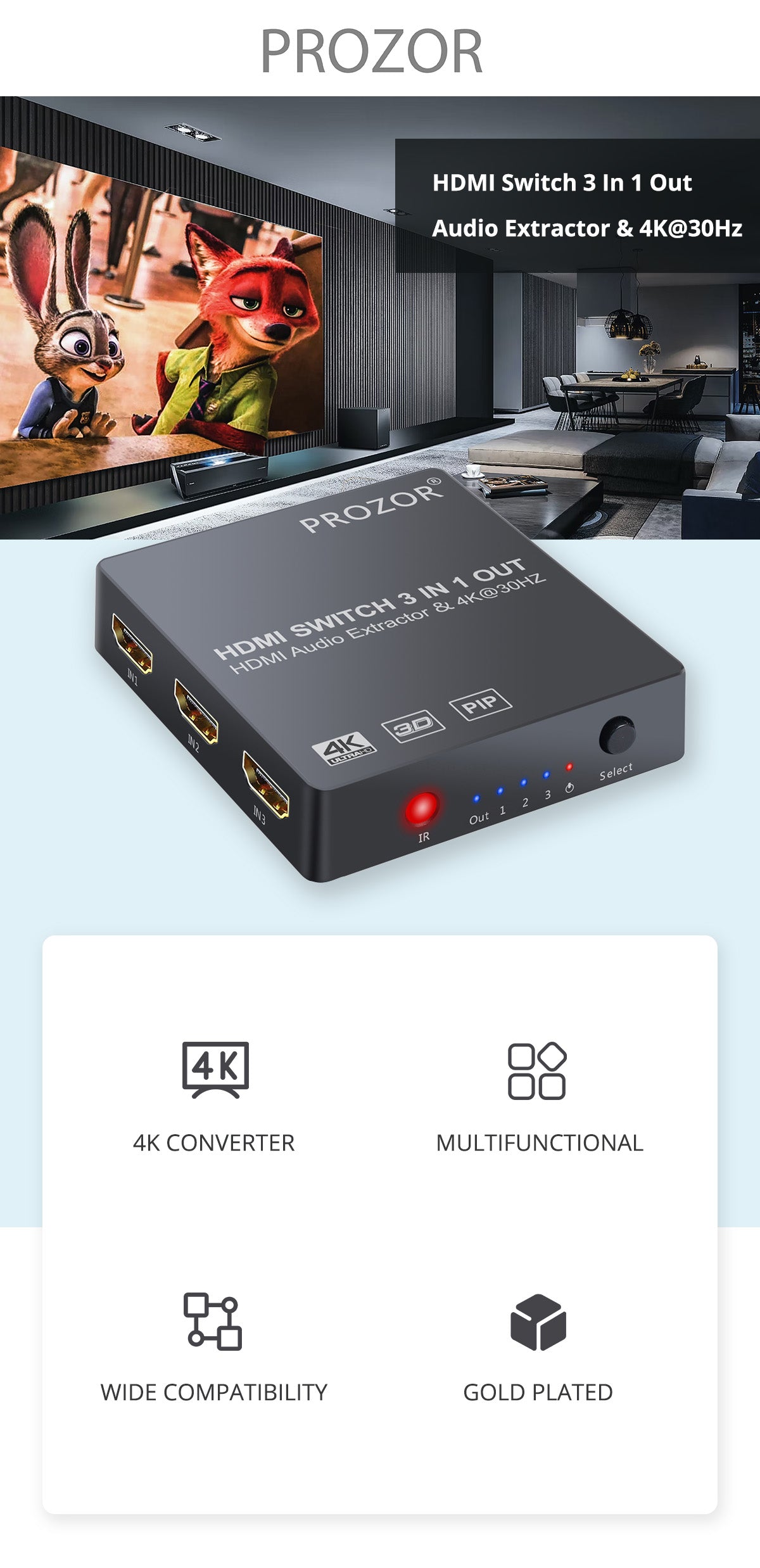 Prozor HDMI Switch 3 In 1 Out Audio Extractor & 4K@30Hz