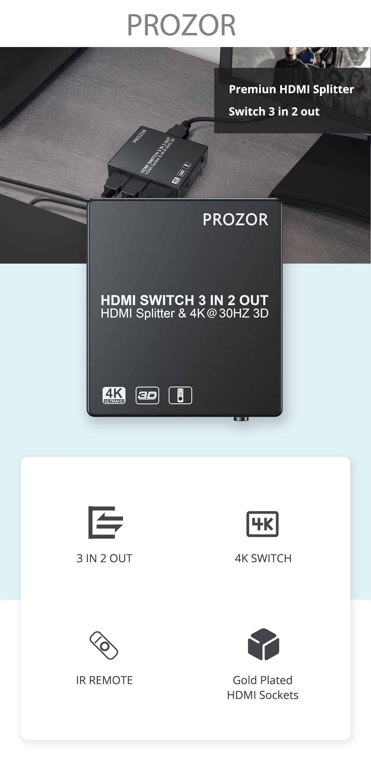 PROZOR Premiun HDMI Splitter Switch 3 in 2 out