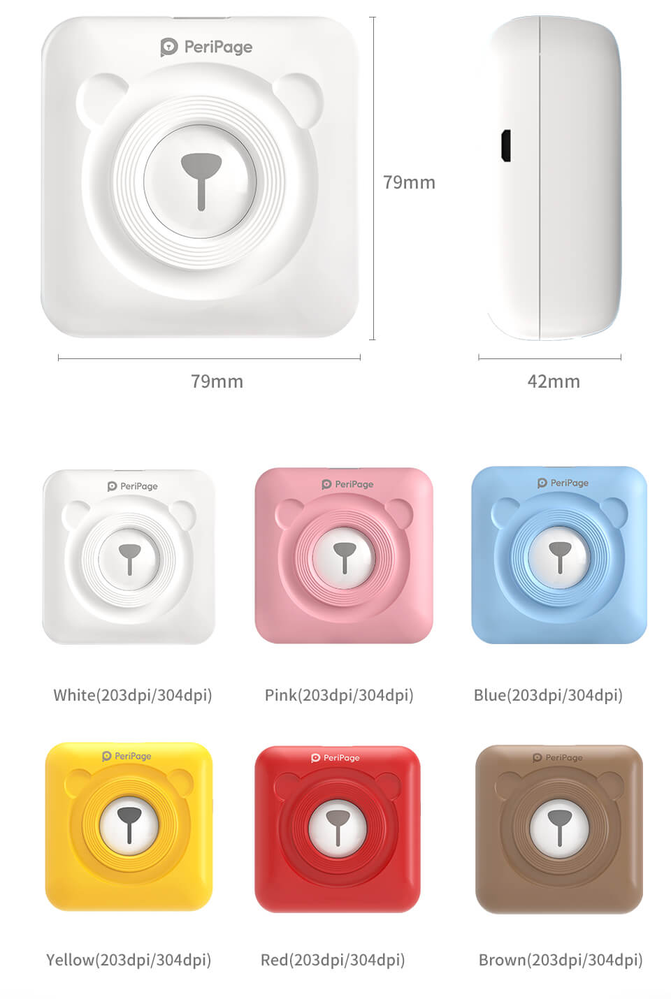2‘’ Portable Inkless Mini Printer White- A6 Bear Printer | PeriPage Official 