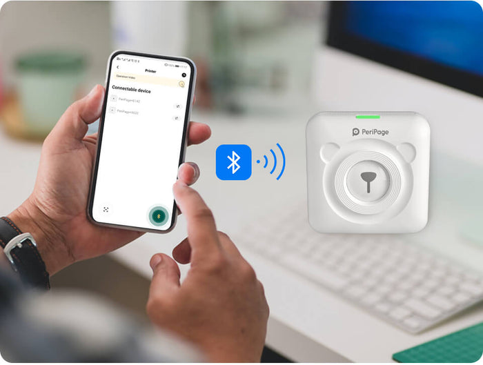 PeriPage 2" A6 Mini Printer printing via Bluetooth, with user interface on mobile phone showing easy connection for mobile printing