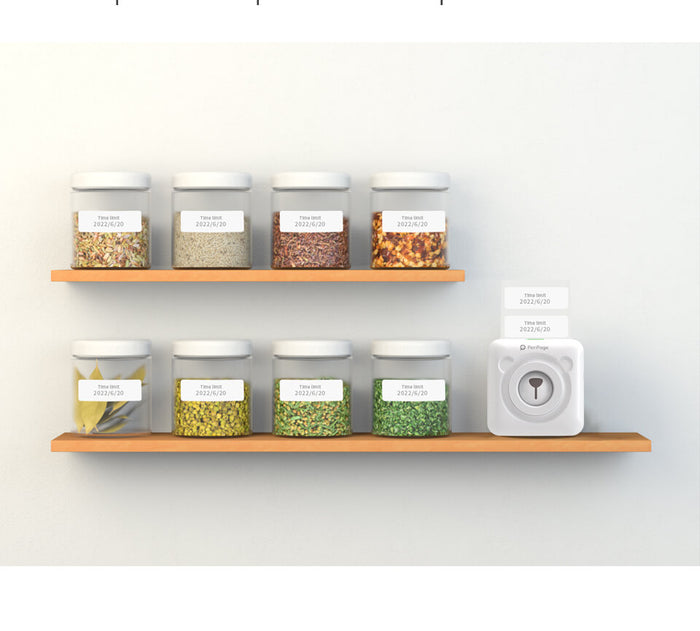 PeriPage 2" A6 Mini Printer used to print labels for jars, perfect for organizing spices and labeling in home or kitchen settings