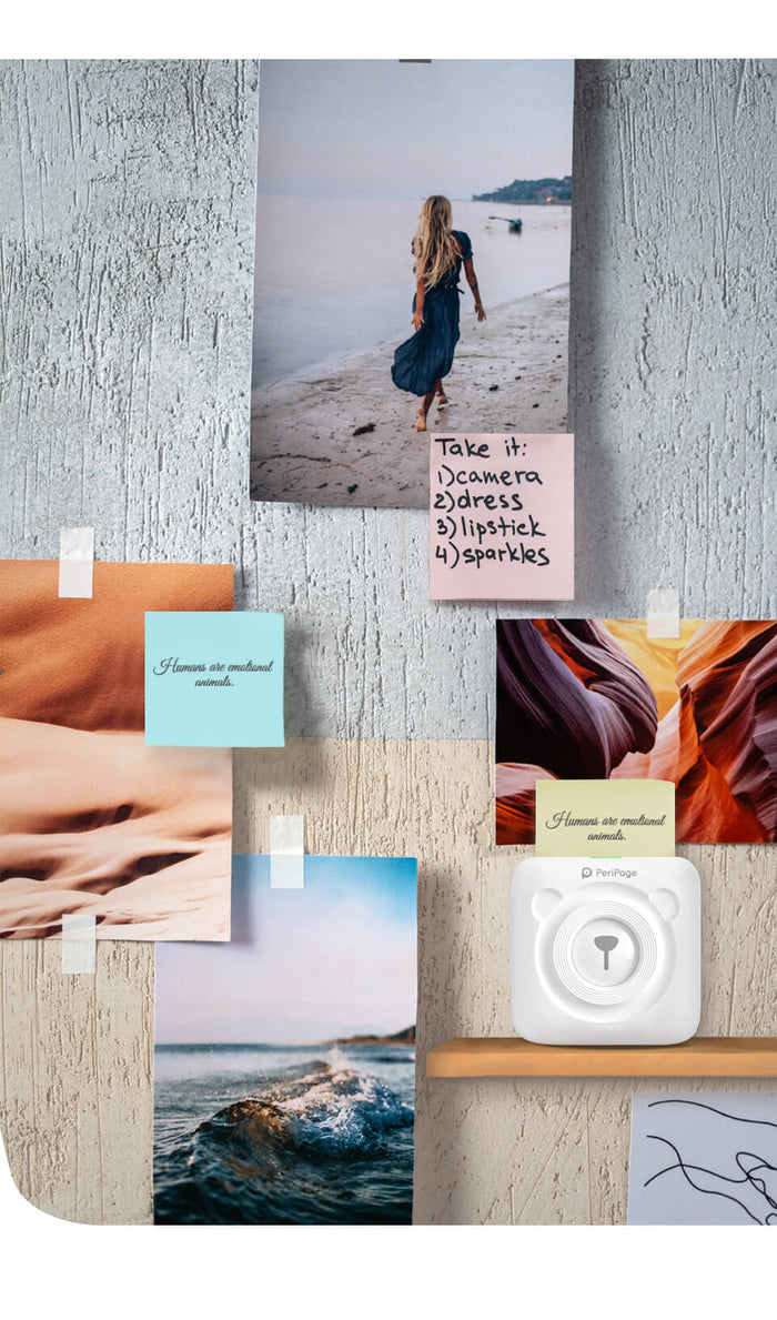 PeriPage 2" A6 Mini Printer printing reminder notes and photos, placed on a wall alongside pictures, ideal for home office or personal organization