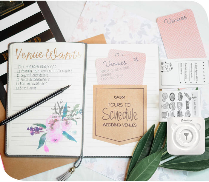 Wedding venue checklist with a PeriPage mini printer for organizing tours and schedules