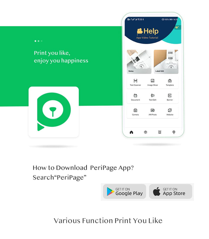 Instructions on how to download PeriPage app with icons for Google Play and App Store