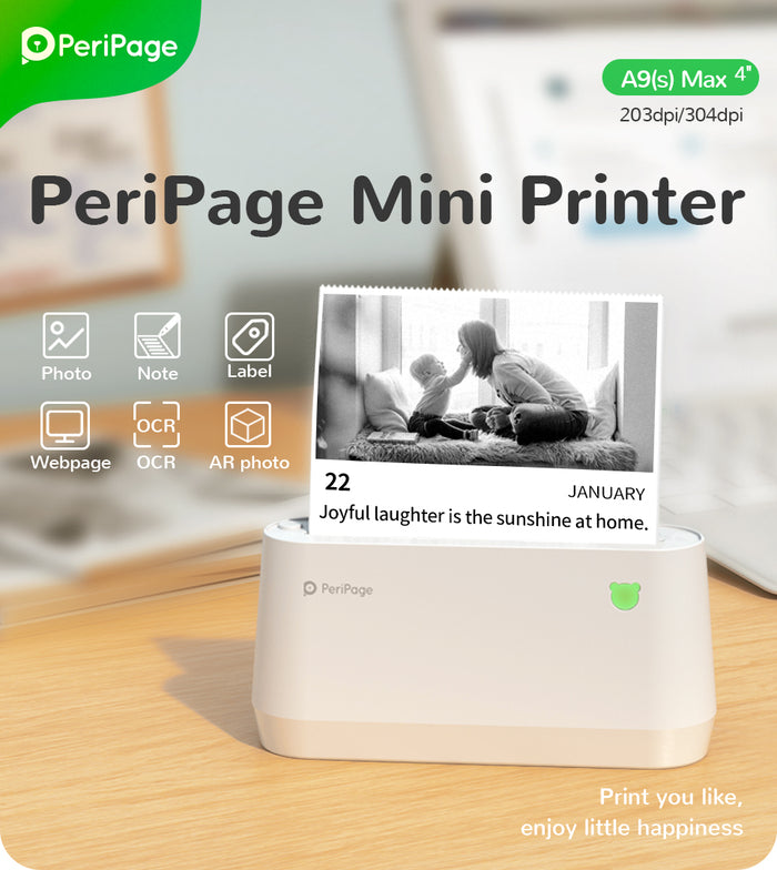 PeriPage A9 Max portable mini pocket thermal printer printing labels wirelessly via Bluetooth connection