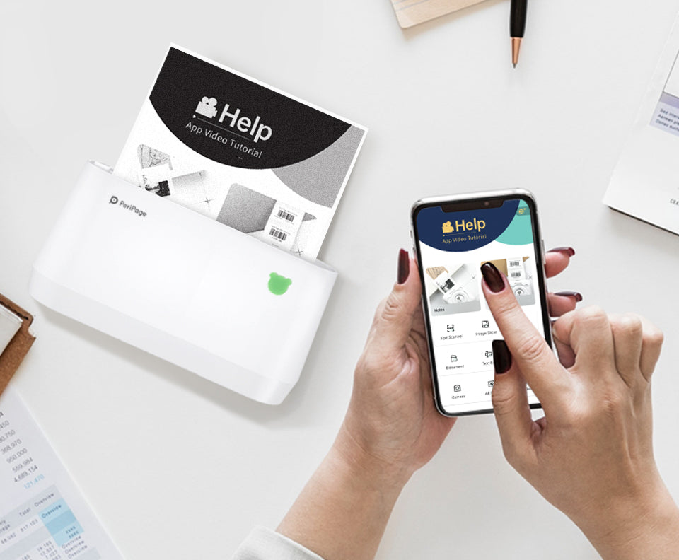 User connecting PeriPage A9 Max mini printer with smartphone app to print documents wirelessly, Bluetooth thermal printer for home office