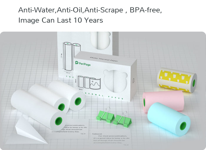 PeriPage thermal paper rolls in white, pink, blue and yellow, BPA-free anti-water and anti-oil paper for 10 years image durability