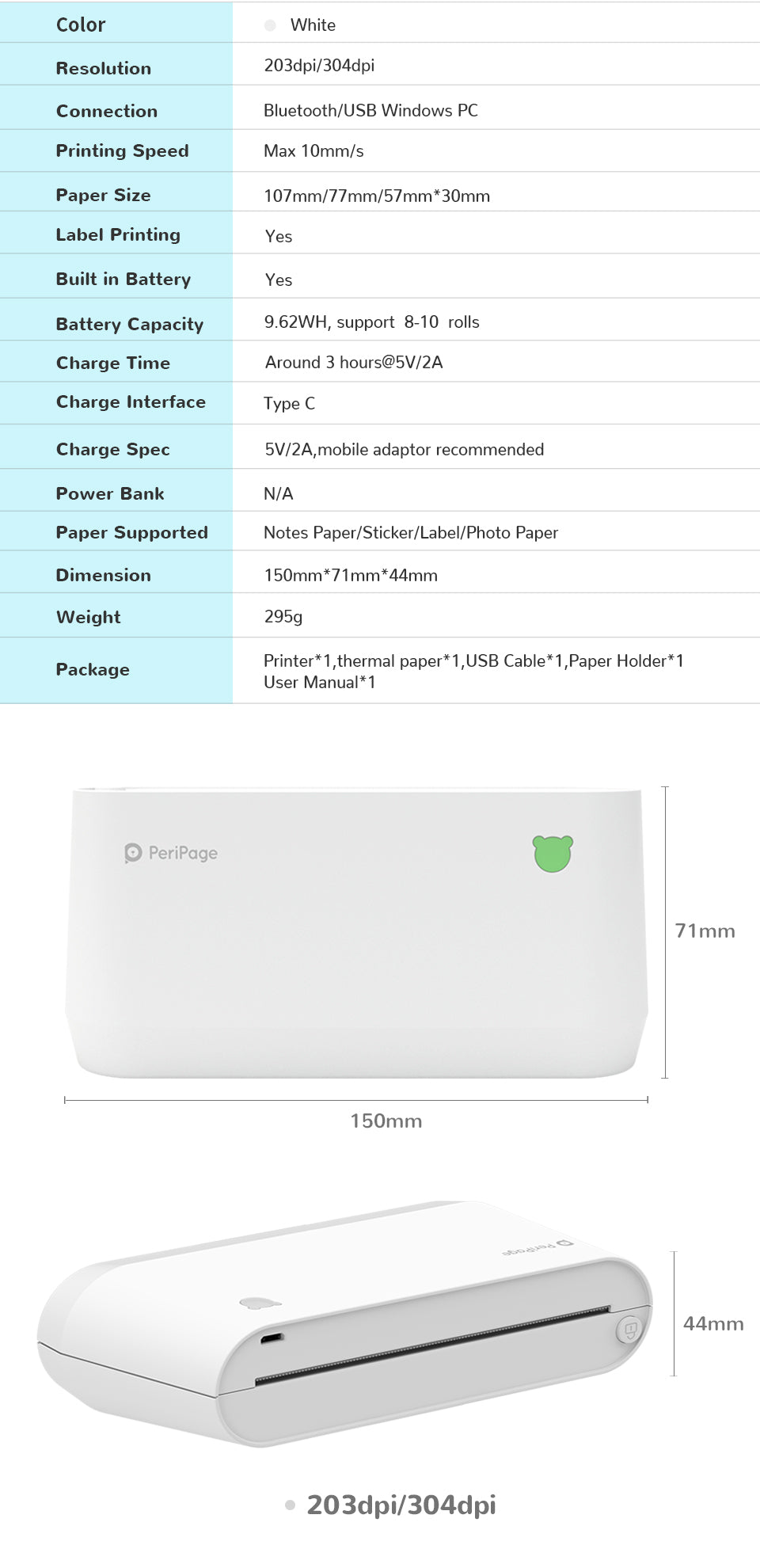 PeriPage A9 Max mini printer specifications including 203dpi and 304dpi resolution, Bluetooth and USB connection, size 150x71x44mm