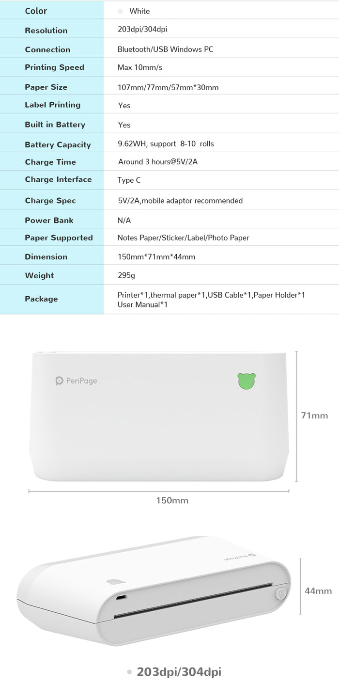 PeriPage A9 Max mini printer specifications including 203dpi and 304dpi resolution, Bluetooth and USB connection, size 150x71x44mm