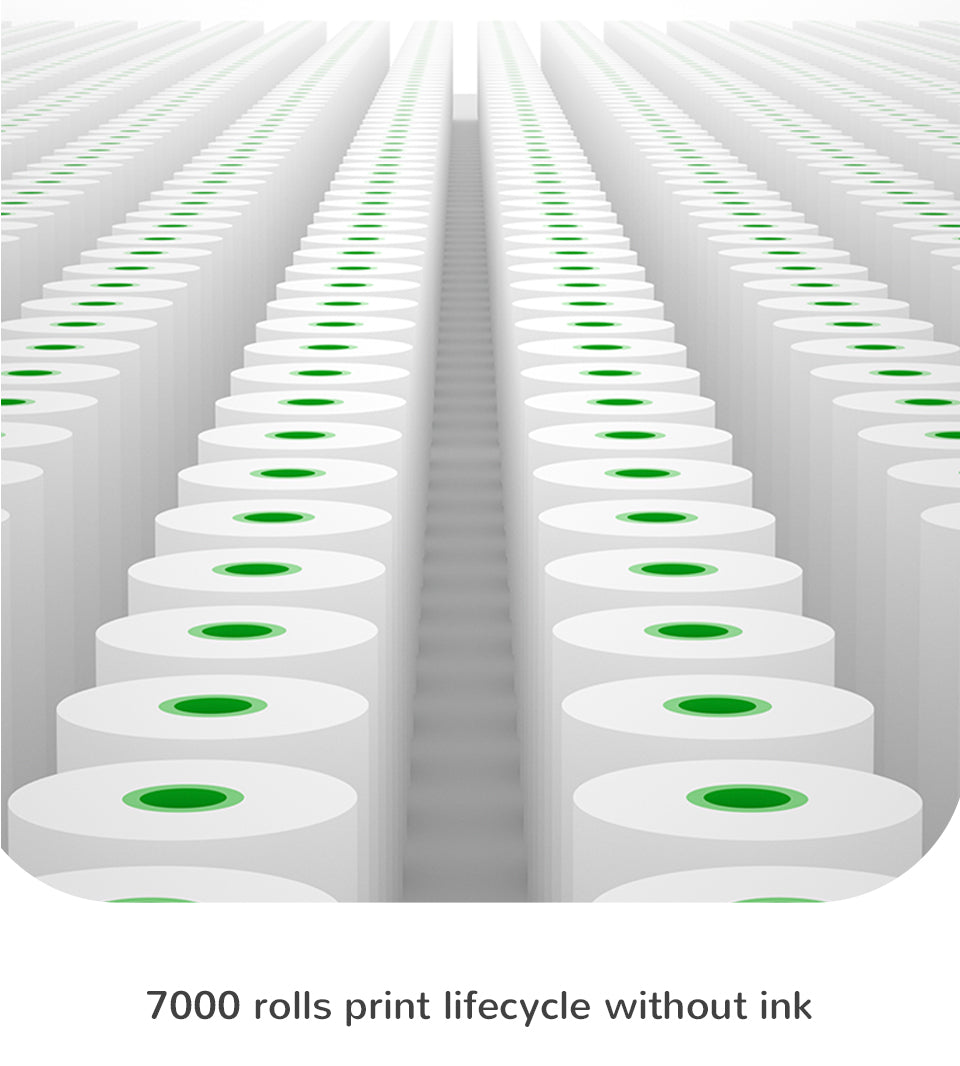 Rows of PeriPage thermal paper rolls showing 7000 rolls print lifecycle without ink, durable eco-friendly printing paper