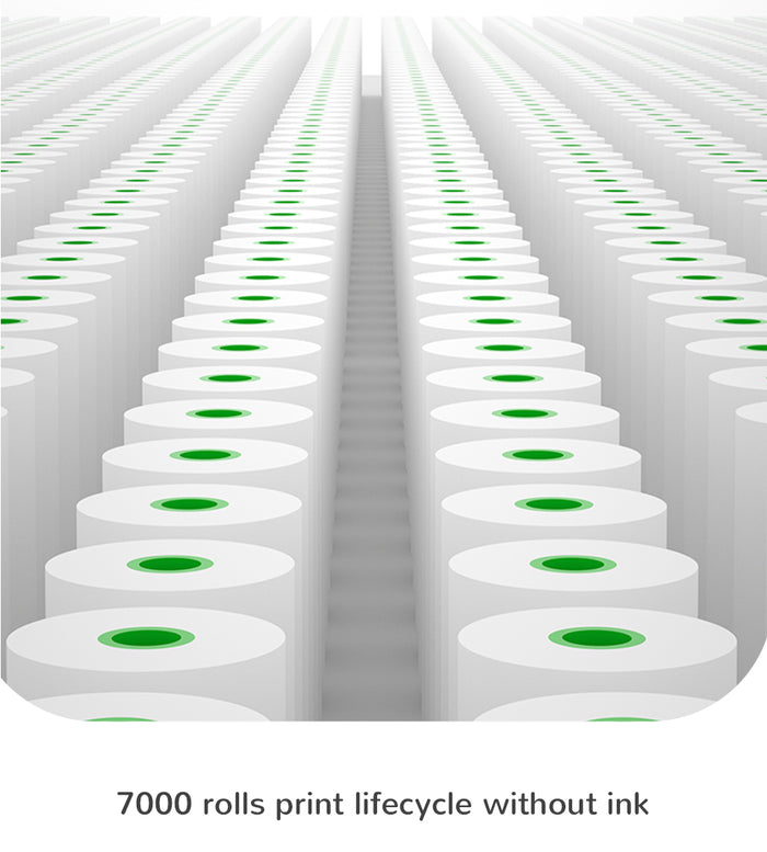 Rows of PeriPage thermal paper rolls showing 7000 rolls print lifecycle without ink, durable eco-friendly printing paper