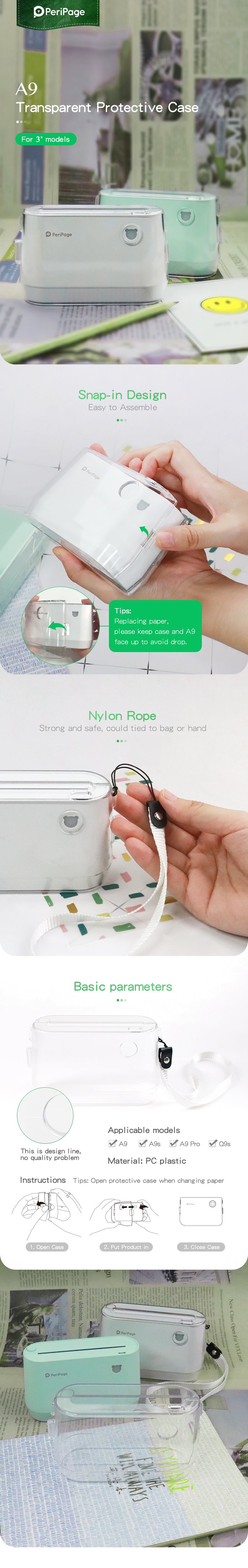PeriPage A9 transparent protective case with snap-in design and nylon rope for 3-inch models, easy to assemble and carry. Suitable for A9, A9s, A9 Pro, and Q9s printers