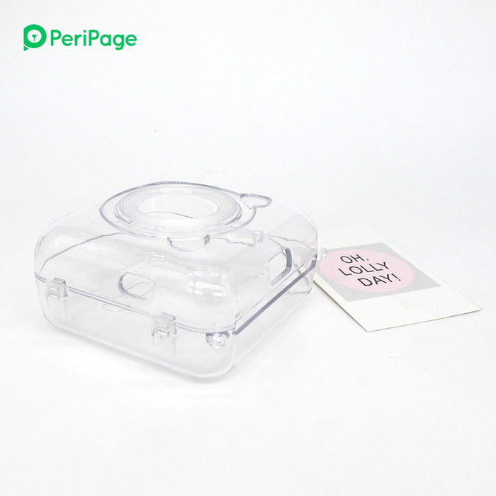 Clear protective case for PeriPage A6 Pocket Thermal Printer, showing transparent design and printed 'Oh Lolly Day!' postcard