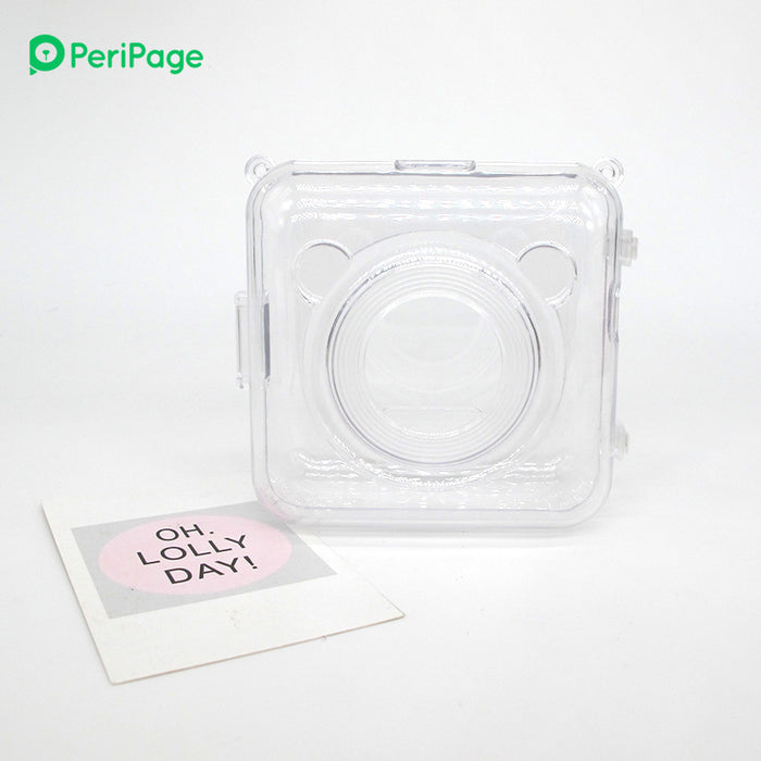 Back view of the PeriPage A6 Pocket Thermal Printer in pink and white color, showing the model label and input specifications