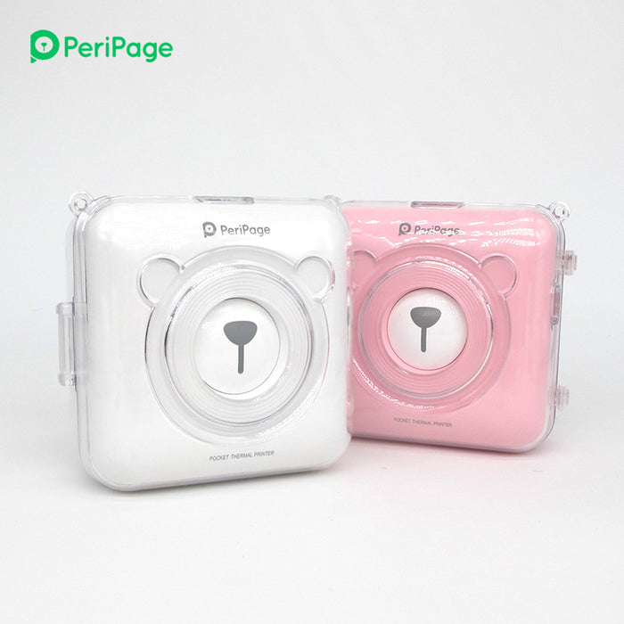 PeriPage A6 Pocket Thermal Printer in white and pink color, with a transparent protective case. Ideal for portable printing, perfect for home, office, or travel use
