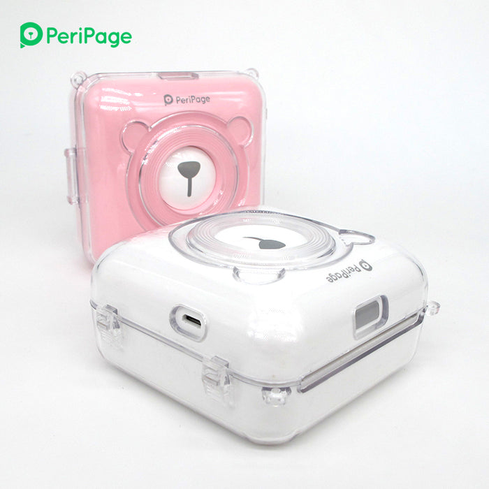 Another angle of the PeriPage A6 Pocket Thermal Printer with transparent protective case, showing the printer's clear structure and postcard