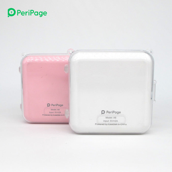 Side view of the PeriPage A6 Pocket Thermal Printer in pink and white color, showing the USB charging port and sleek design
