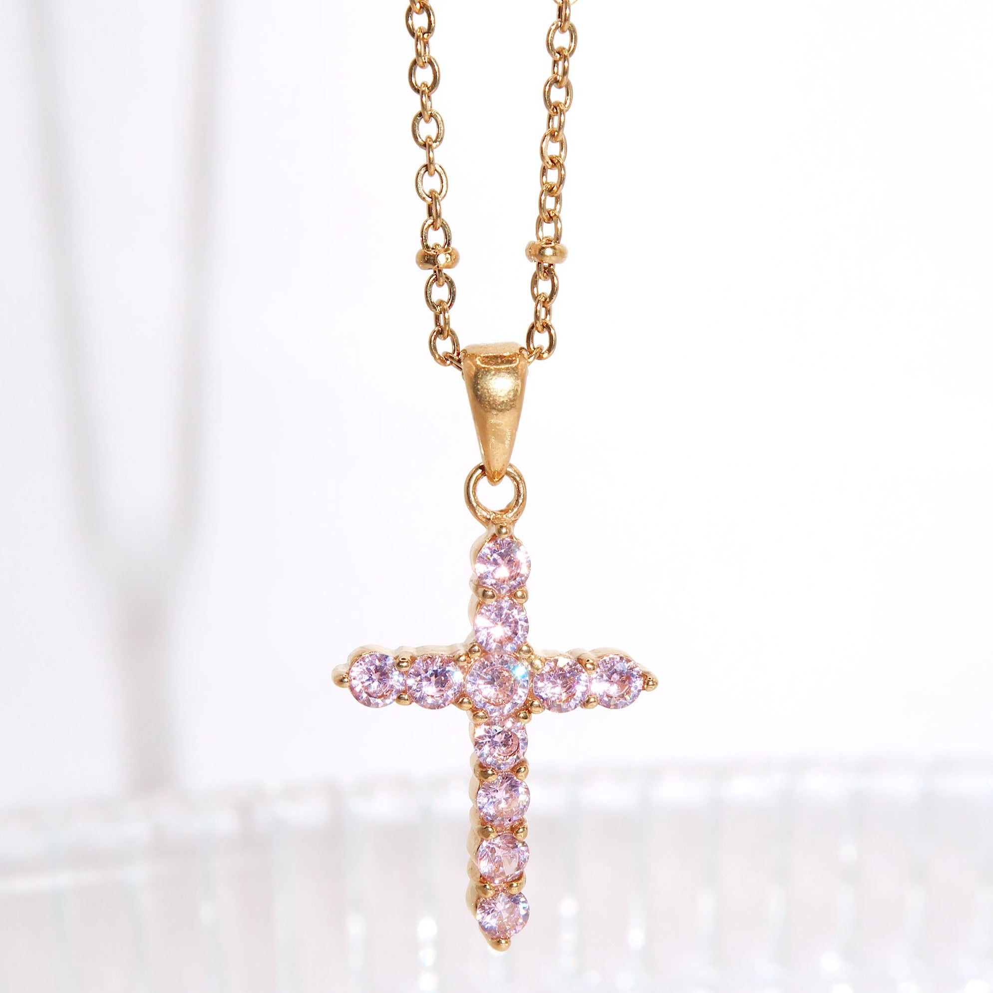 EMMY - 18K PVD Gold Plated Dainty Cross Pendant Necklace with Pink CZ Stones