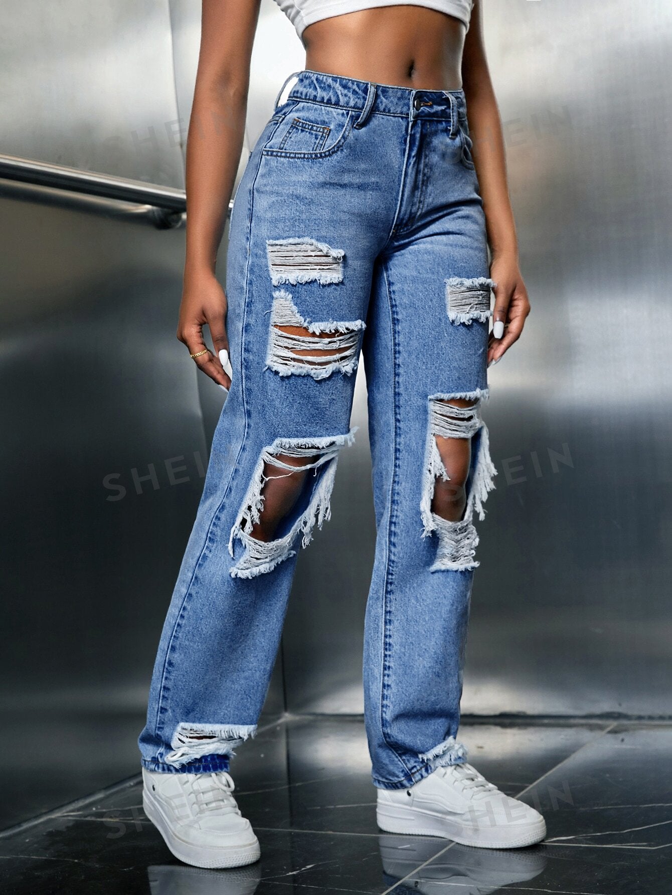 Ripped Cut Out Straight Leg Jeans