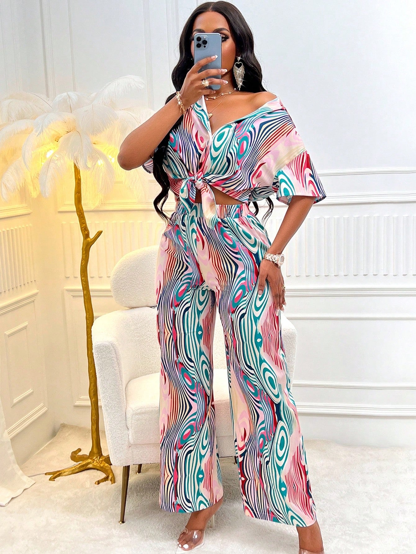 Allover Print Drop Shoulder Shirt & Wide Leg Pants