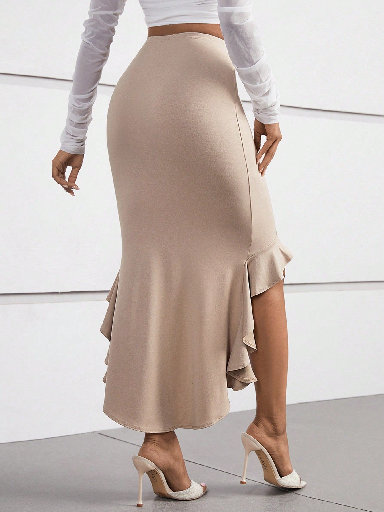 Ruched Asymmetrical Ruffle Hem Skirt