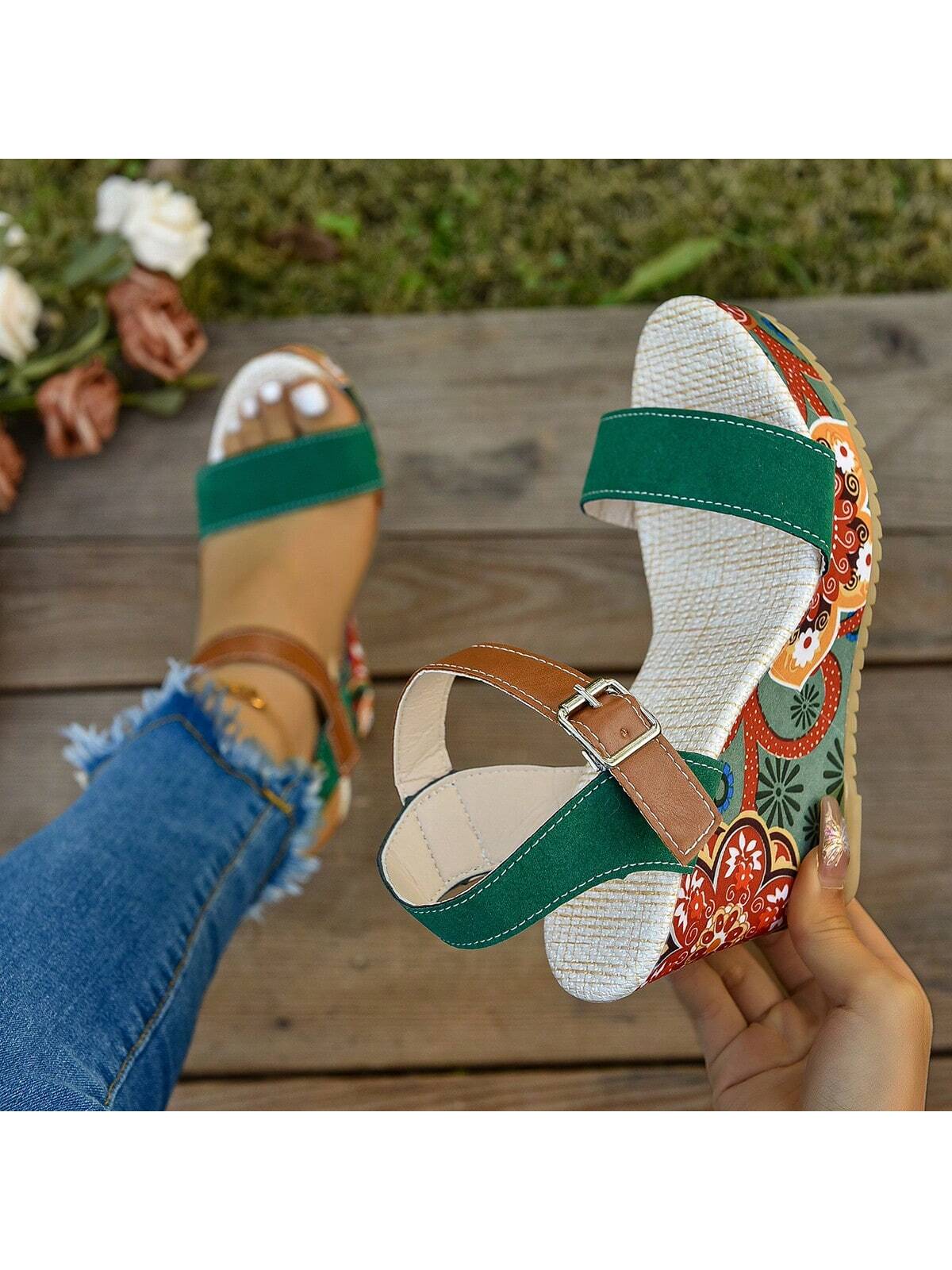 New Arrival Style Canvas High Heeled Wedge Sole Sandals