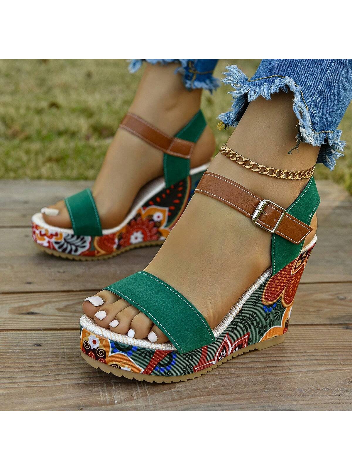 New Arrival Style Canvas High Heeled Wedge Sole Sandals