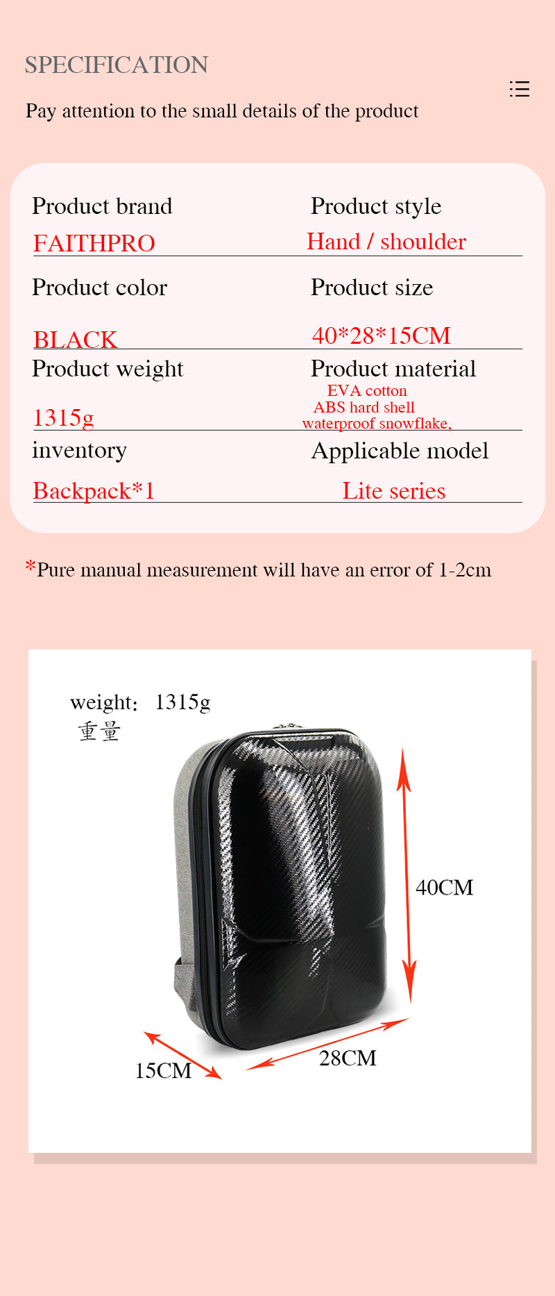 autel evo lite bag specification and size