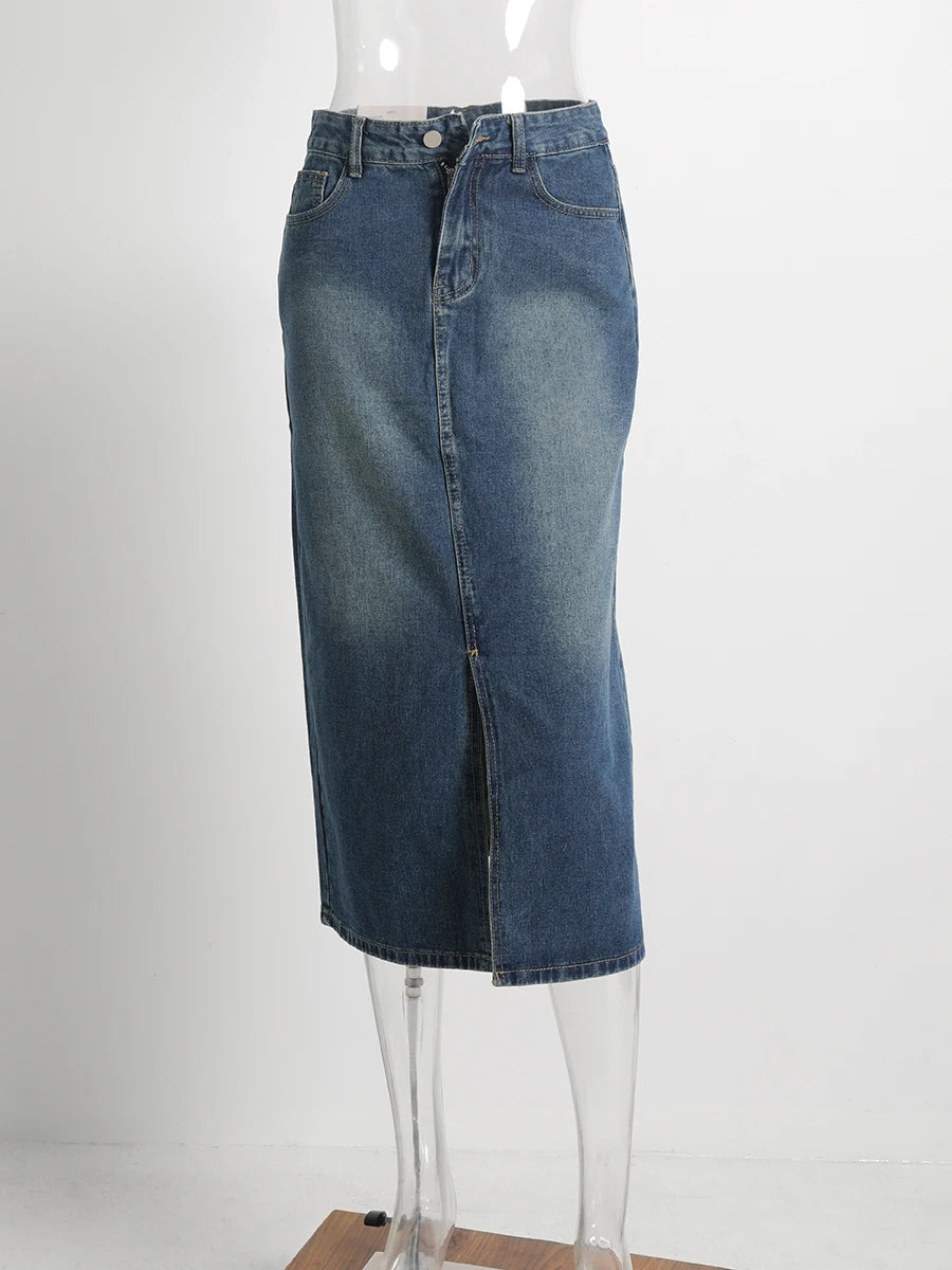 Front Slit Denim Skirts Woman Clothes High Waist Pockets Zipper Blue Midi Skirt Femme Spring Summer Vintage Casual Long Jupes