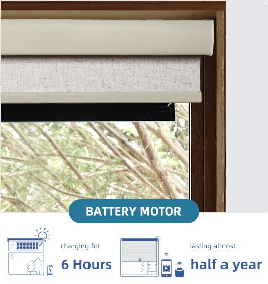 The roller shade in front of the window is being charged with a solar panel.