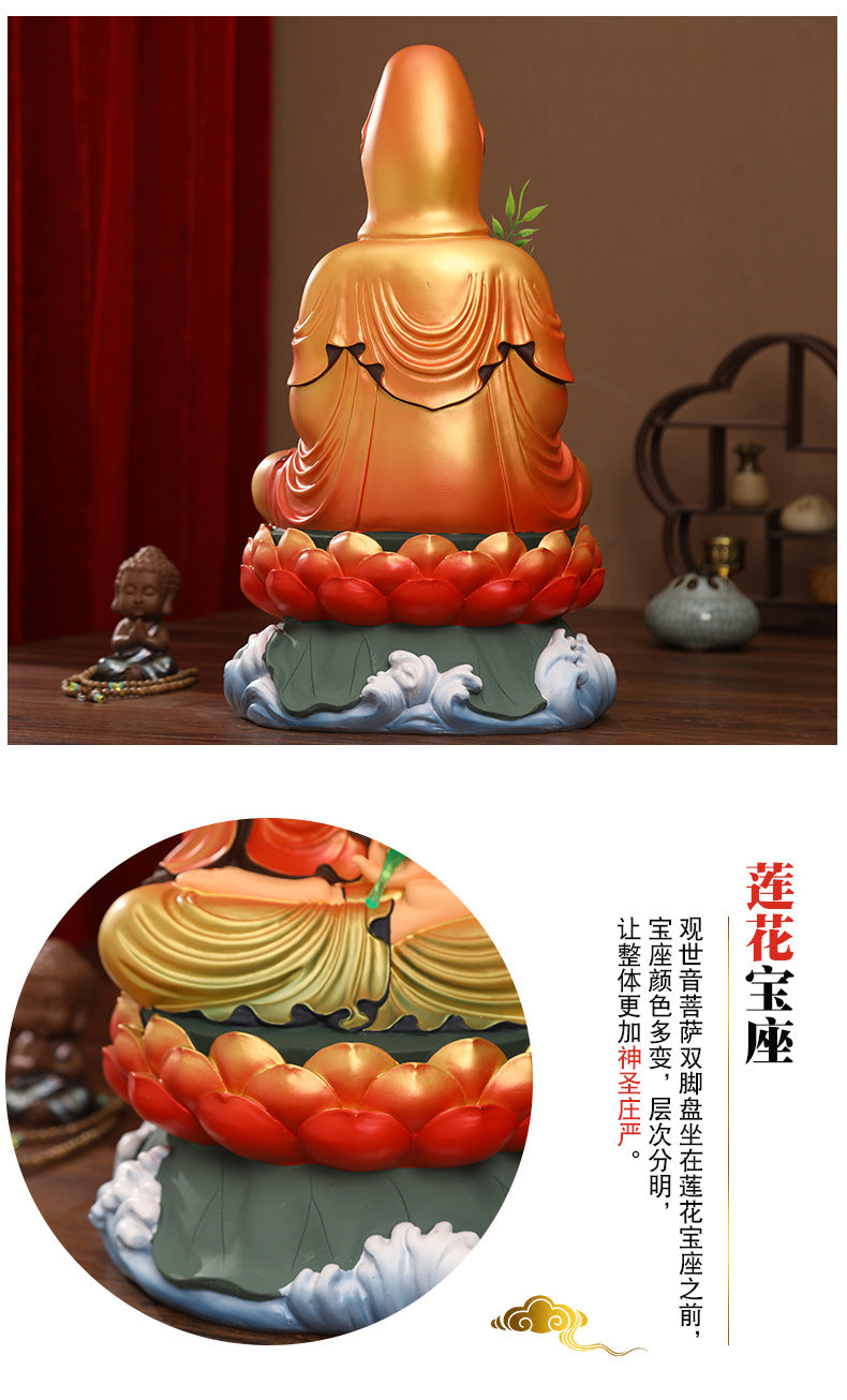 Resin Fiberglass Material of the South China Sea Lotus Leaves Golden Blessing Cloth Guanyin Statue Details 1
