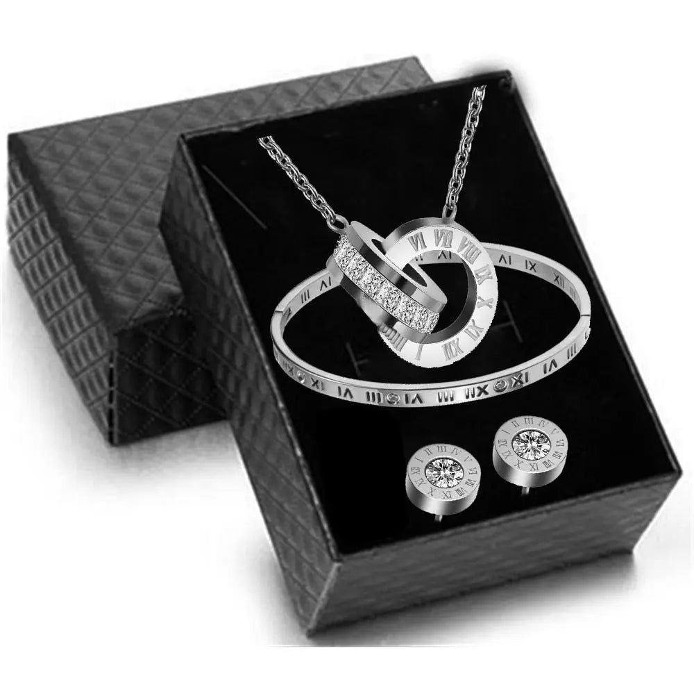 Amazoline Store Women Wedding sets Luxury Roman Numeral Necklace Earring Bracelet Ring Set Never Fade 316L Stainless Steel Wedding Jewelry Sets Gift Box