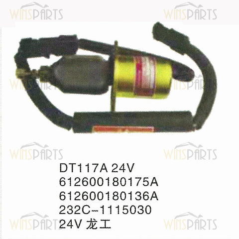 Válvula de cierre del solenoide de apagado de combustible Weichaipower de 24 V, 612600180175A, 612600180136A, DT117A, China, XCMG, SDLG, piezas eléctricas