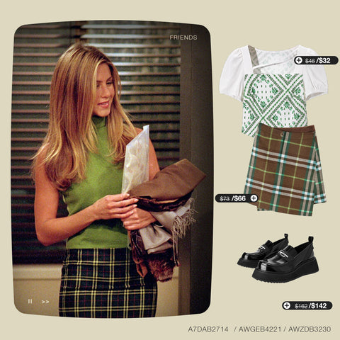 white puff sleeve shirt with green plaid skirt