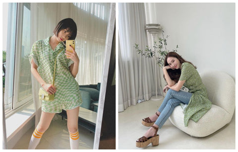 k pop group in sage green floral dress and green checkerboard suits