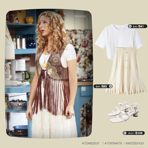 white cropped shirt with tassel skirt