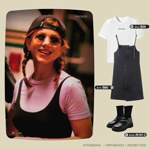 white crew neck t shirt with denim black cami dress