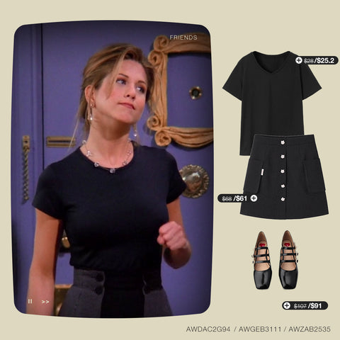 black v neck shirt with mini skirt