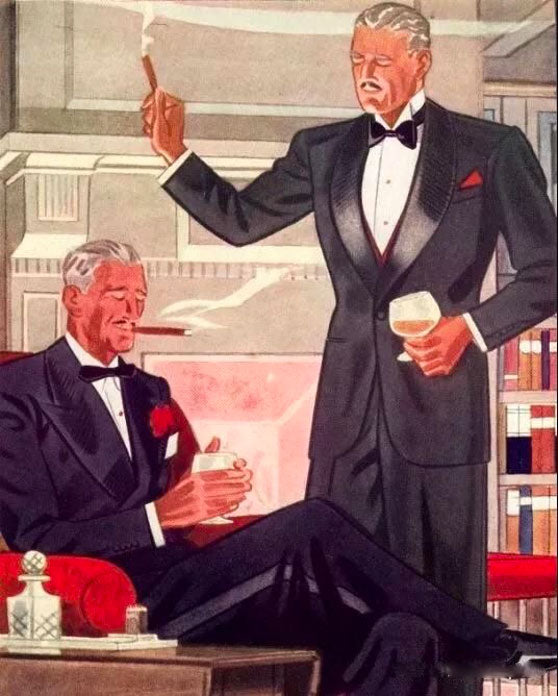 Sitting wearing a French Tuxedo (left) standing wearing an American Tuxedo (right)