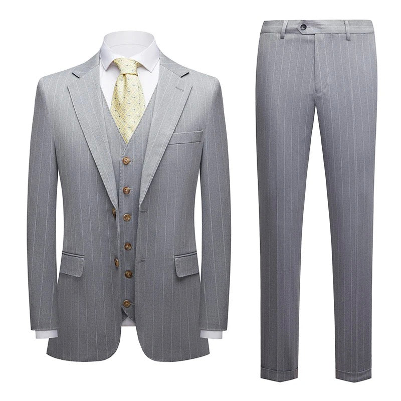 Men’s 3-Piece Suits Slim Fit Business Stripe Style Light Grey Tuxedo Action