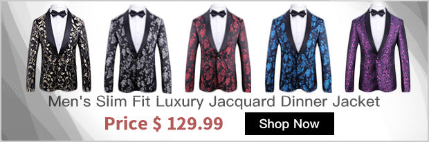 Men's Slim Fit Luxury Jacquard Dinner Jacket Black and Gold Tuxedo Action